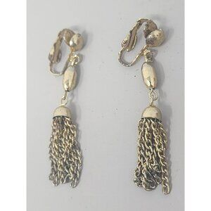 Vintage Clip On Tassle Dangle Silver Tone Earrings‎
